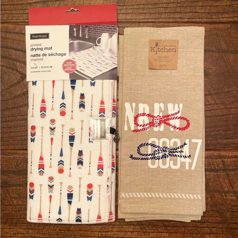 Oars & Paddle Dish Drying Mat & Rowing Kitchen Tea Towels Set, Nautical Ropes - Picture 2 of 15